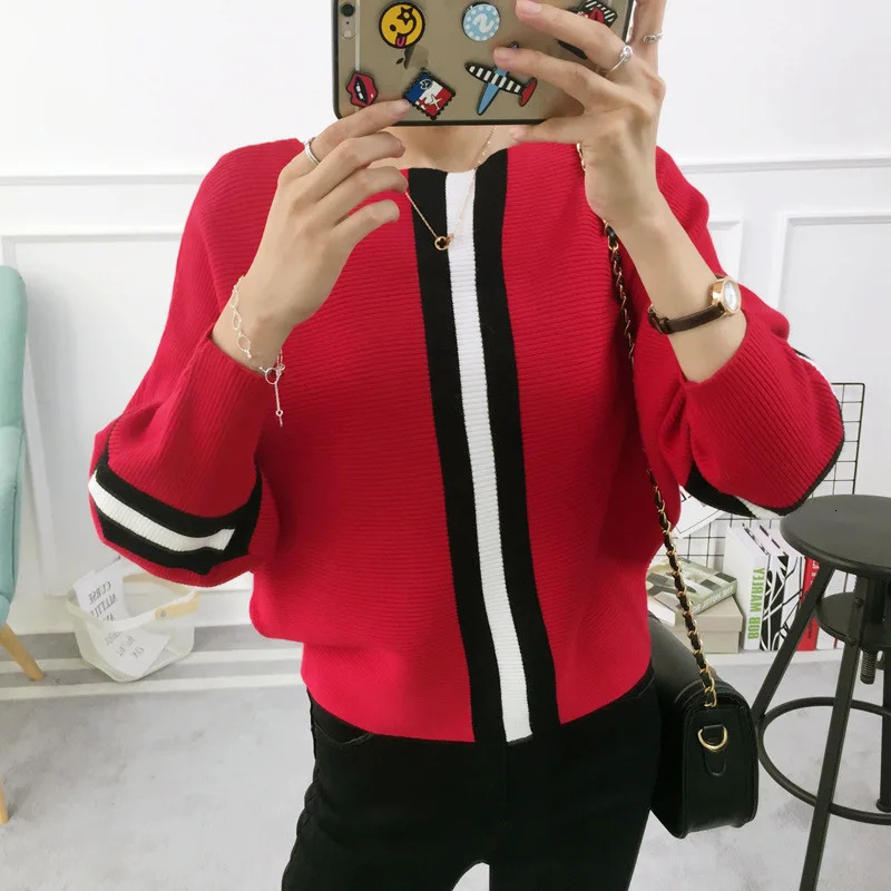 Autumn Winter Women Sweater Pullover Stripe Contrast Color Bat Sleeve Knitted Jumper Loose Short Tops Outwear Pull Femm 251205
