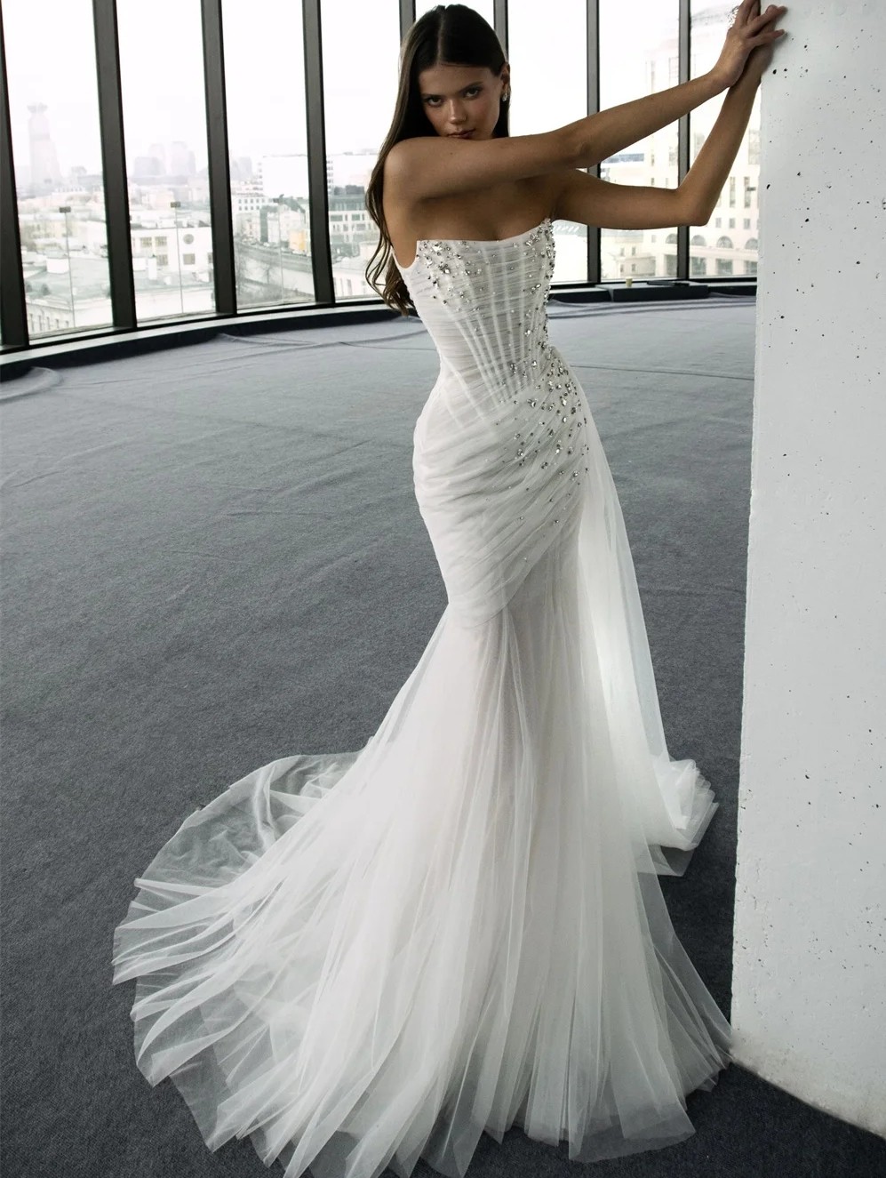 Robe de mariée sirène élégante, sans bretelles, sans manches, perles de cristal, paillettes, plis, Tulle, robes de mariée