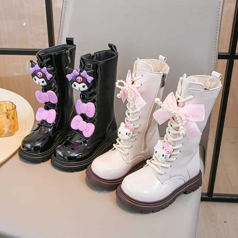 KidsCasual Shoes Long Boots PU Leather Cartoon Kuromi Winter Shoes For Girls Anti-slip Warm Black Beige Shoes Size 26-37T251206