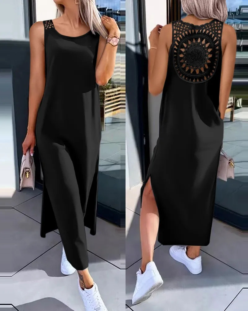Creux solide longue Dres mode sans manches Oneck Maxi robes pour femmes 2024 été femmes mince fendu robes noir 251128
