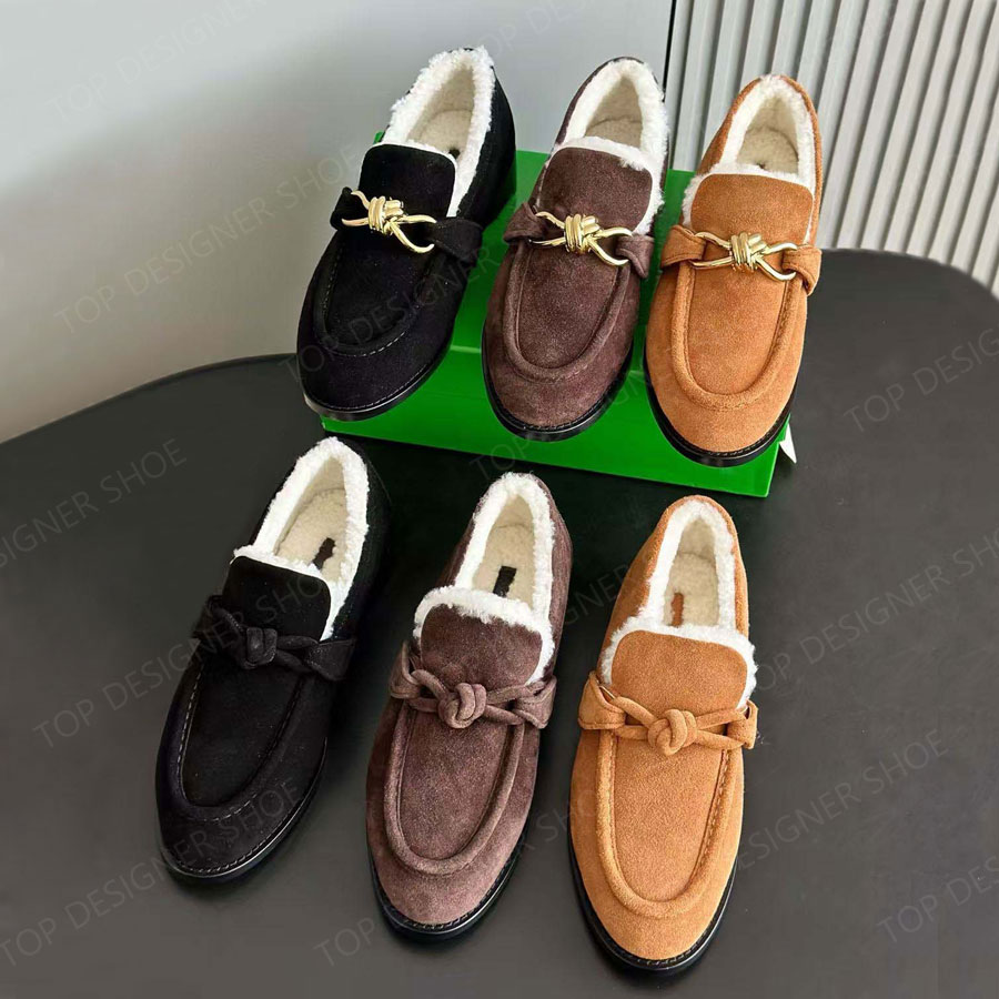 High quality Classic winter warm Suede Metal buckle shearling wool Fur loafers furry Fluffy slip on shoes Dress shoes Luxury designer shoes womens f