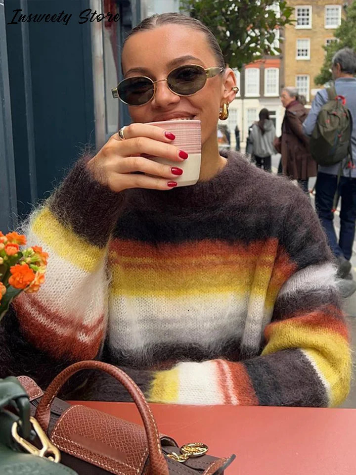Casual Color Block Striped Pullover Womens O-neck Long Sleeve Loose Knit Sweater 2025 Autumn Lady Vintage Outdoor Wear 251205