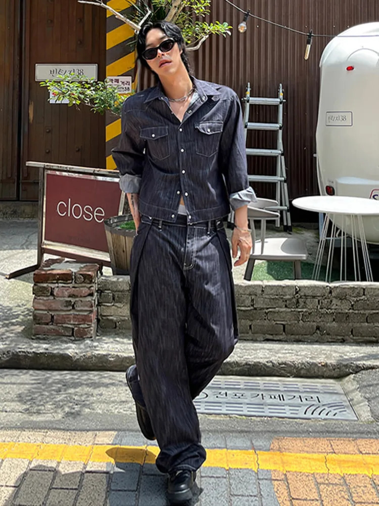 Mens Wear Long Sleeve Denim Coat Causal Spring Autumn Washed Straight Jeans Suit Korean Fashion Two Pieces Set 251203