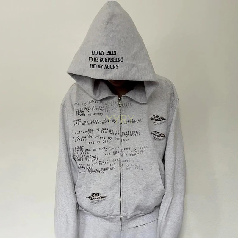 Personalized Letter Printed Ripped Zipper Sweatshirt Long Sleeved Pullover Hoodie Y2K Style Autumn Winter Fashion 251201