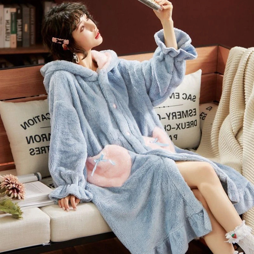 Femmes belle robe de bain à capuche chemise de nuit dessin animé hiver pyjama en peluche mignon adultes animal flanelle sommeil robe Kigurumi vêt