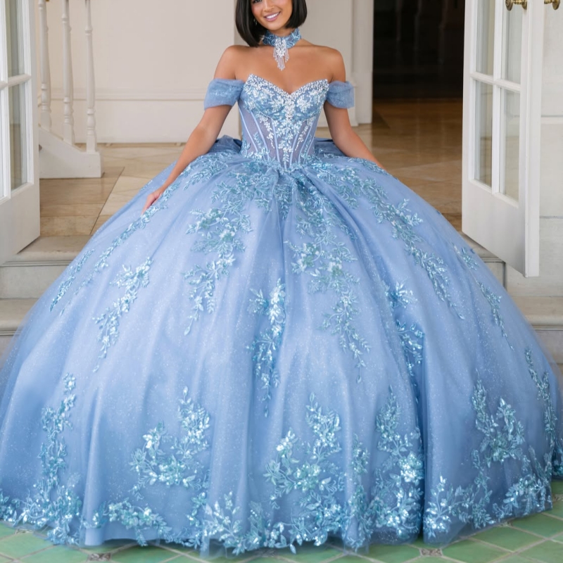 Blue Shiny Quinceanera Dresses Off The Shoulder Aplique Lace Beading Corset Party Birthday Sweet 16 Dress Vestidos 15 De Anos