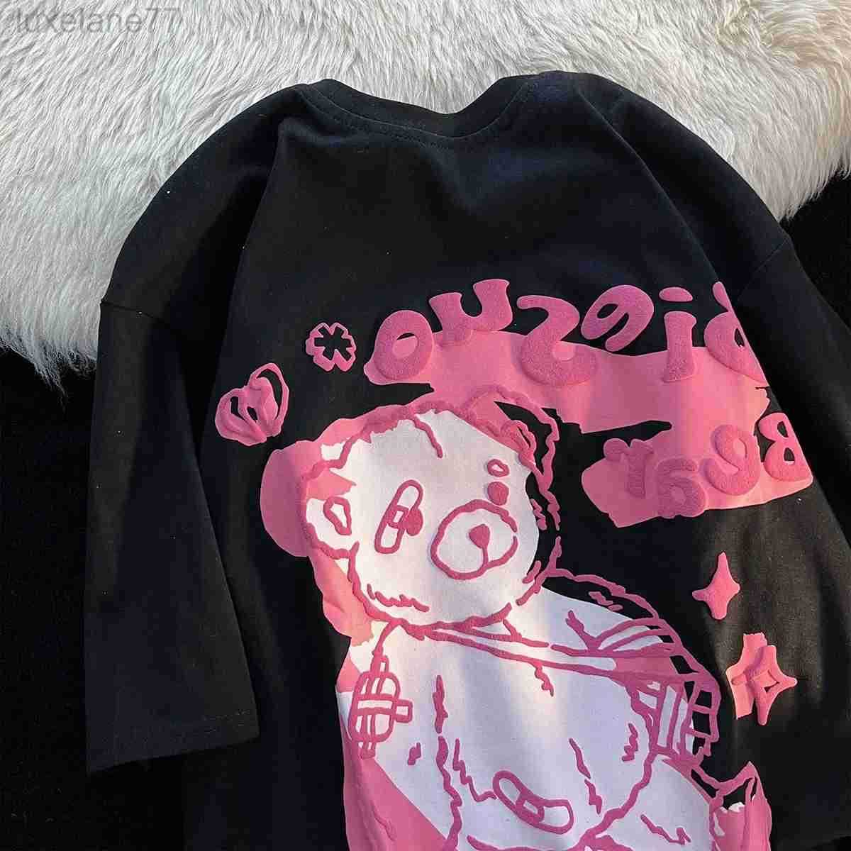 Été grand ours femmes T-shirt Style américain rétro à manches courtes Ins à la mode dessin animé Graffiti gros haut graphique surdimensionné T S