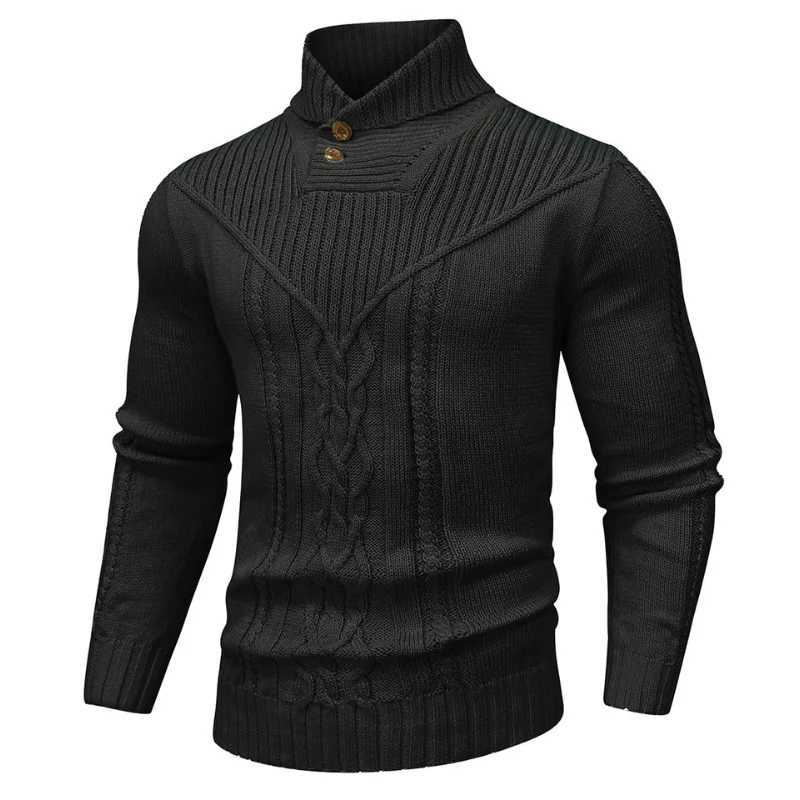 Mens Sweater Winter Shawl Collar Pullover Sweater Casual Cable Knit Button Sweaters Woolen Solid Color Fleece Tops US Size M251206