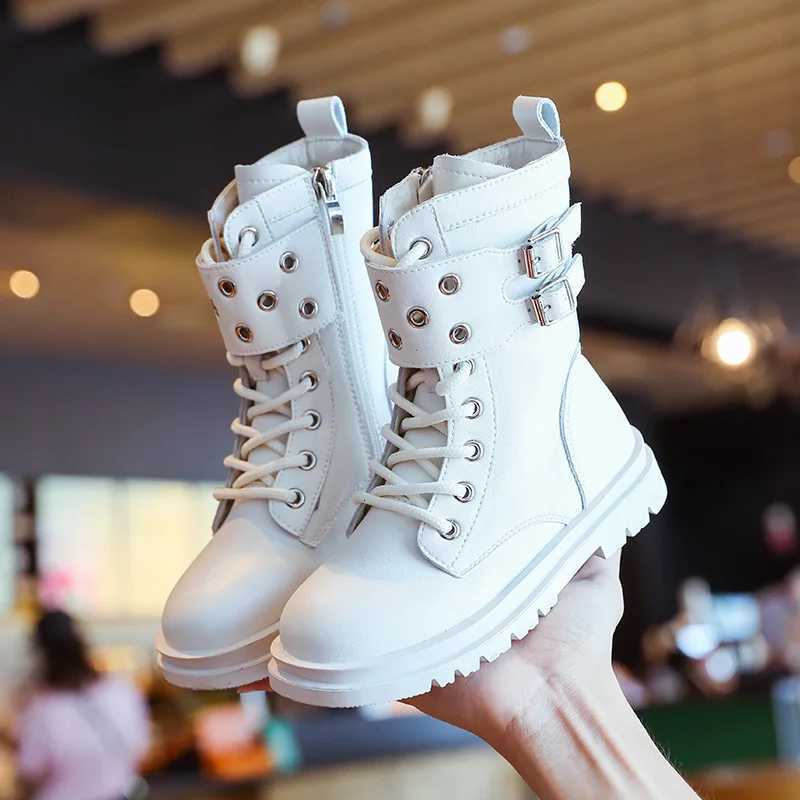 Chaussures à la mode pour petites filles, baskets d'automne pour enfants, bottes à Tube moyen, blanches et noires, de 3 4 5 6 7 8 9 10 11 12 ans,