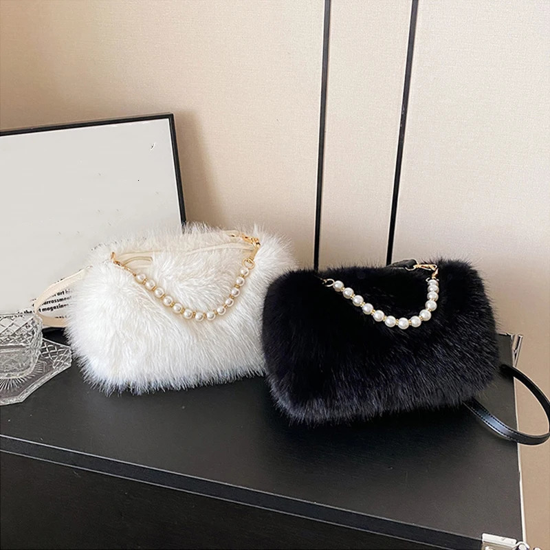Candy Color Pearl Handle Womens Plush Crossbody Bag Portable Female Furry Handbags Winter Fashion Casual Ladies Shoulder Bags 251201