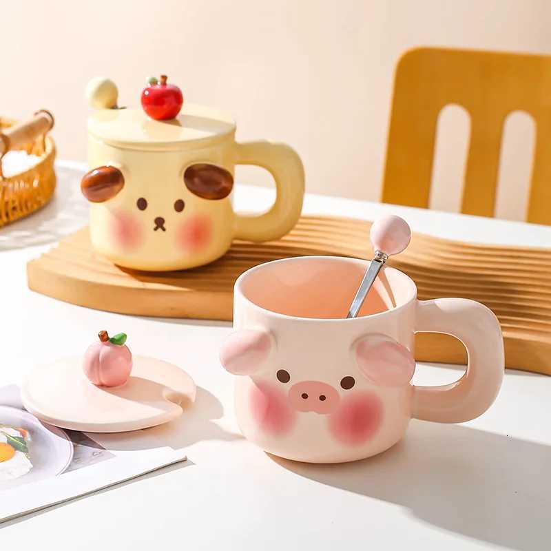 450ml Cartoon Pig Mug Coffee Cup Set with Spoon Ceramic Gift Home Mugs 3D Water Cups Lovers Milk Large Capacity Breakfast Mug M251206-image-1087462862