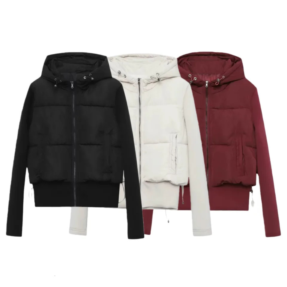 UNIZERA2025 autumn womens casual fashion slim stretch fabric splicing cotton coat warm hooded cotton coat251201