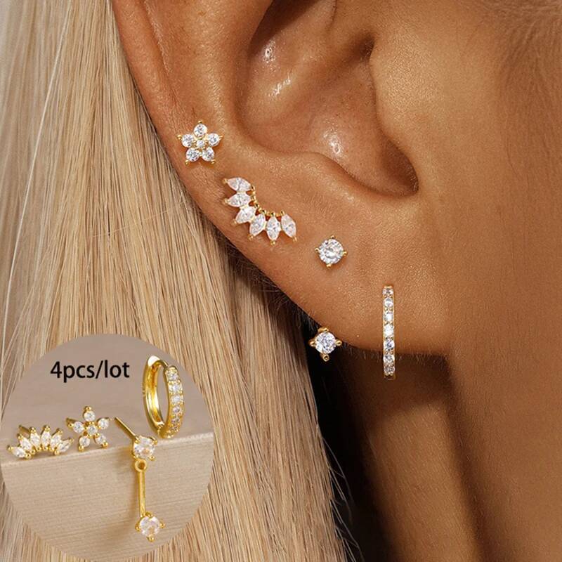 4PCS Stainless Steel Circle Huggie Hoop Earrings Set for Women Gold Color Unique Zircon Flower Stud Earring Piercing Jewelry ddmythur