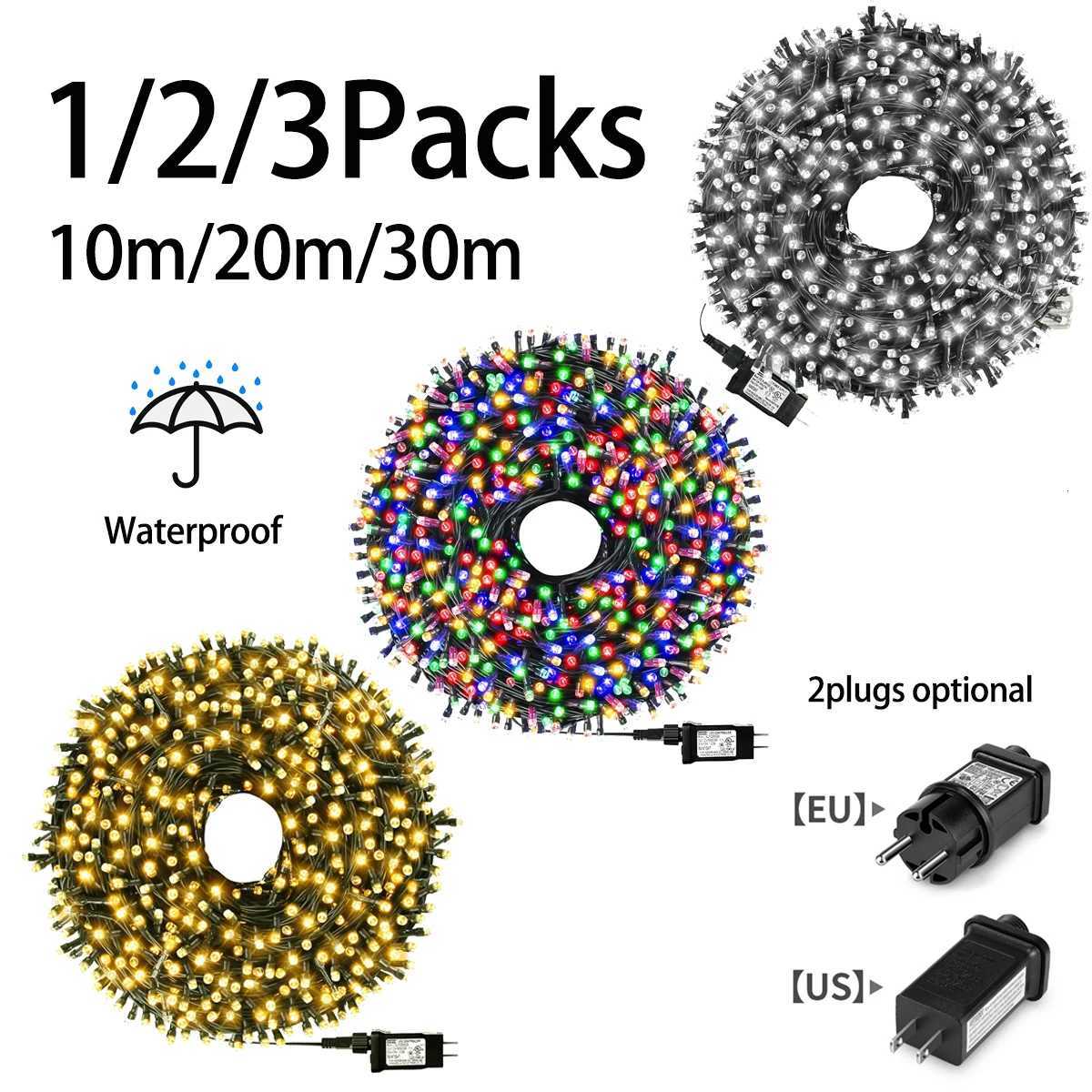 Guirlande lumineuse LED 10M/20M/30M, 1/2/3 pièces, guirlande lumineuse d'extérieur féerique pour arbre de noël 220V, prise ue/110V US, lampe de d