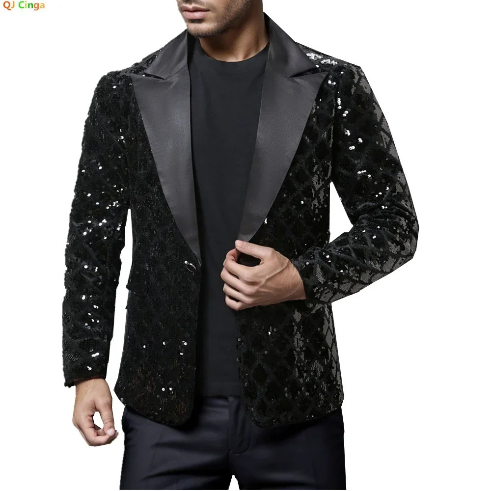 Blazer da uomo con paillettes lucideGiacca da abito da sposaGiacca da abito da festaBlazer nero blu argentoTaglia S-XXL 251204
