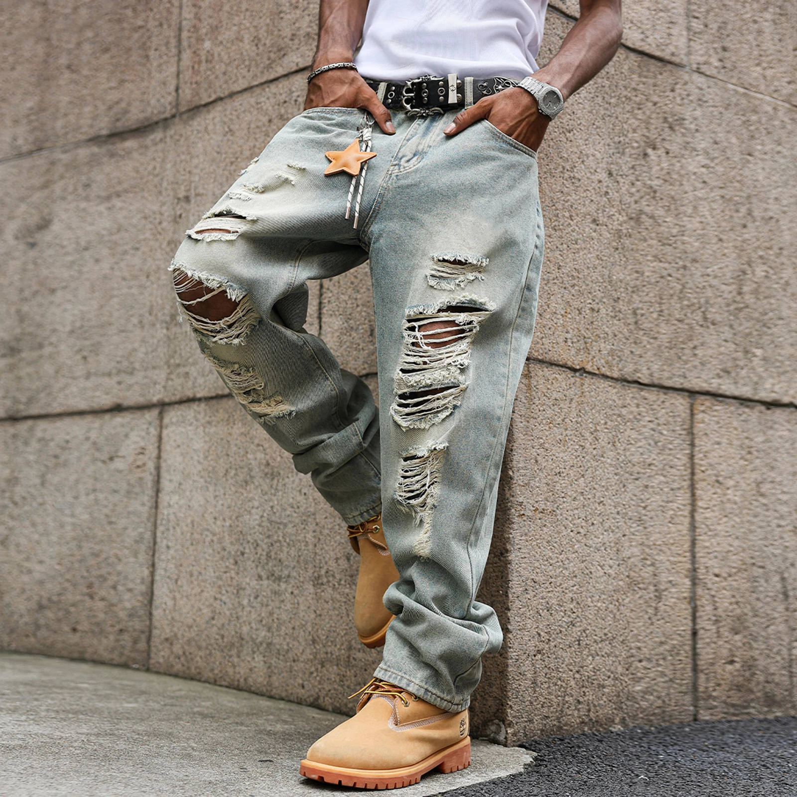 Vintage Men Stretchy Baggy denim Jeans for men Hollow Out Distressed Hip-Hop Ripped Denim Jeans Streetwear Casual Wide-Leg Pants 251205