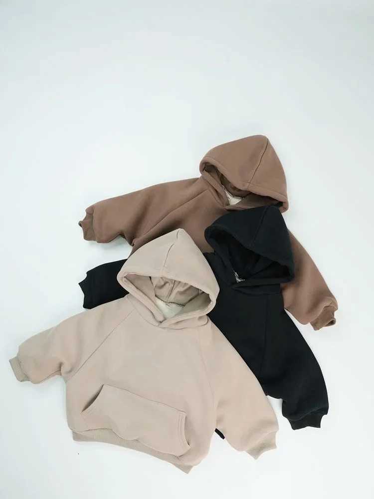 Sweat à capuche doublé polaire pour enfants, unisexe, coréen, pull épais, décontracté, tendance, pour garçons et filles, XJ251206