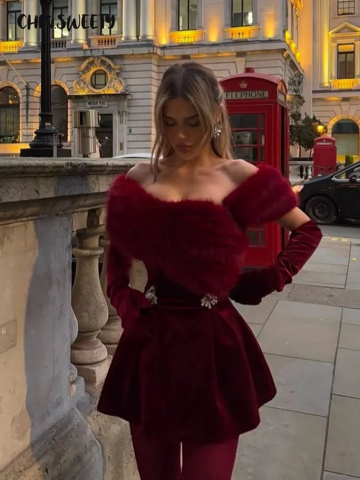 Élégant hors épaule femmes Robe de soirée fourrure Patchwork manches diamant a-ligne dame robes courtes hiver dame Robe de bal 251205