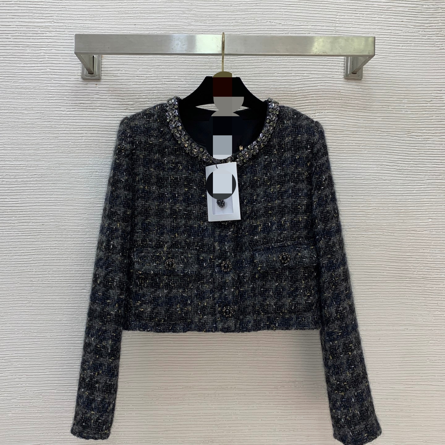 2025 New style high-end custom color-blocking heavy-duty sequin decorated elegant and versatile short round neck long-sleeved coat