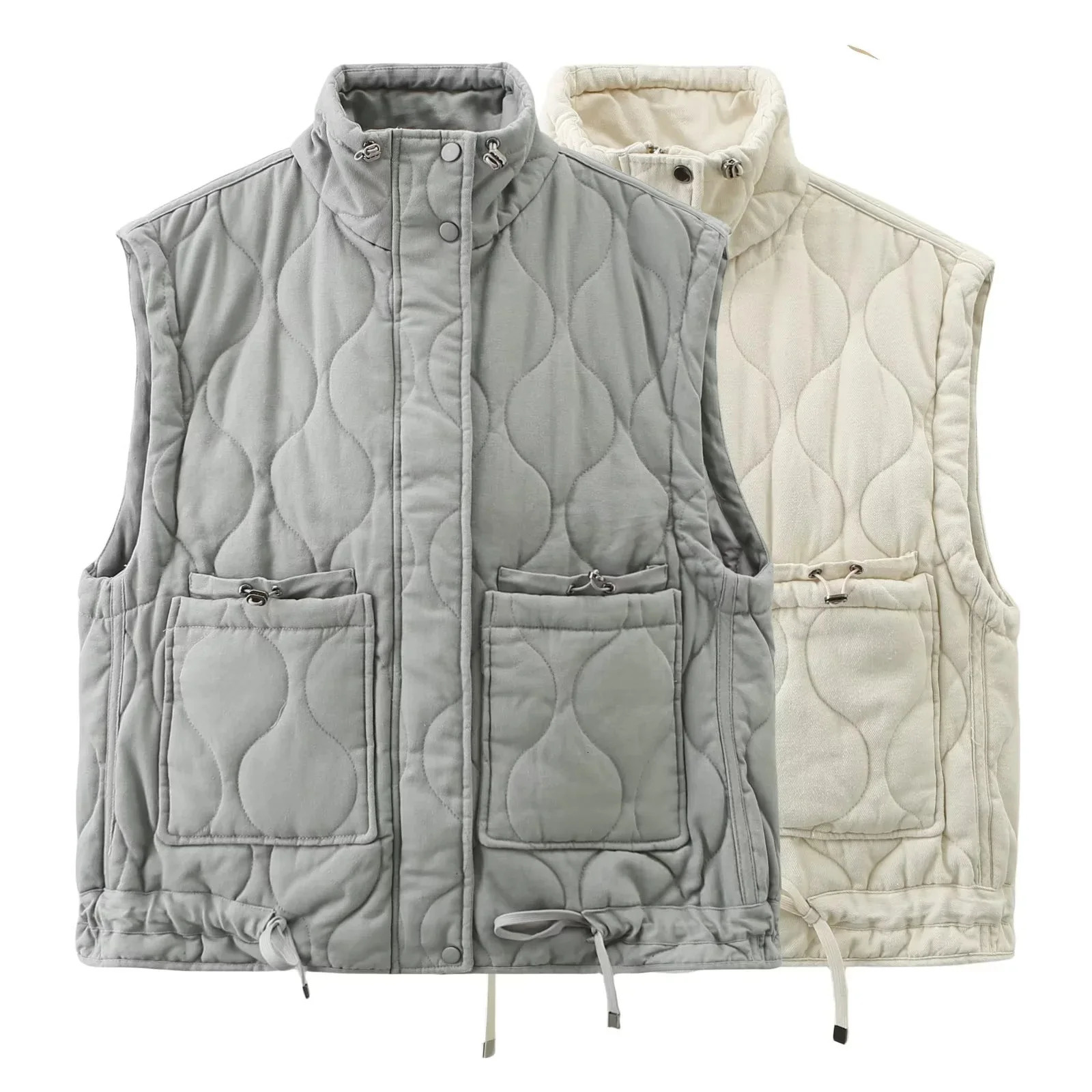 Casual Gray Quilted Vest Pure Color Stand Collar Sleeveless Cotton Waistcoat 251129