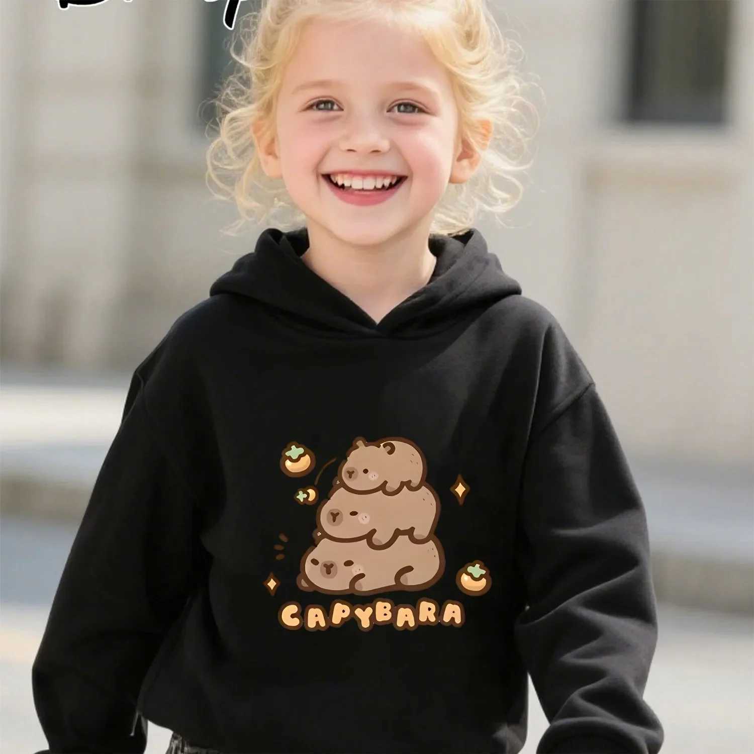 Kaii Capybara Pattern Boys and Girls Printed Hoodies Childrens Autumn and Winter Outdoor Leisure Warm Long-sleeved ClothesXJ251206