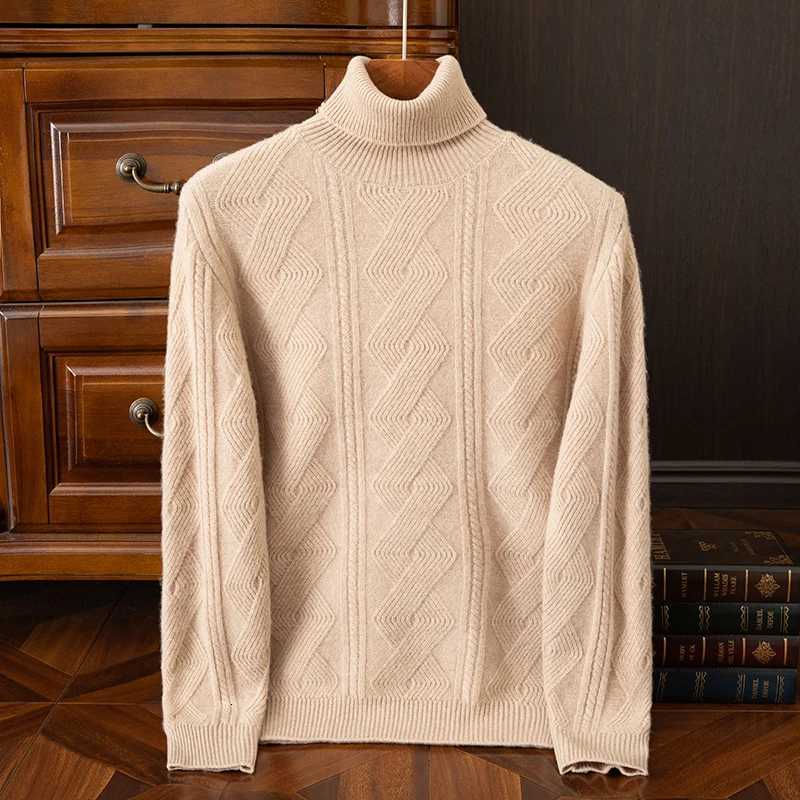 100 Merino Wool Sweater Mens Turtleneck Crossing Jacquard Pullover Autumn Winter Smart Casual Jumper Cashmere Thickening Top M251206