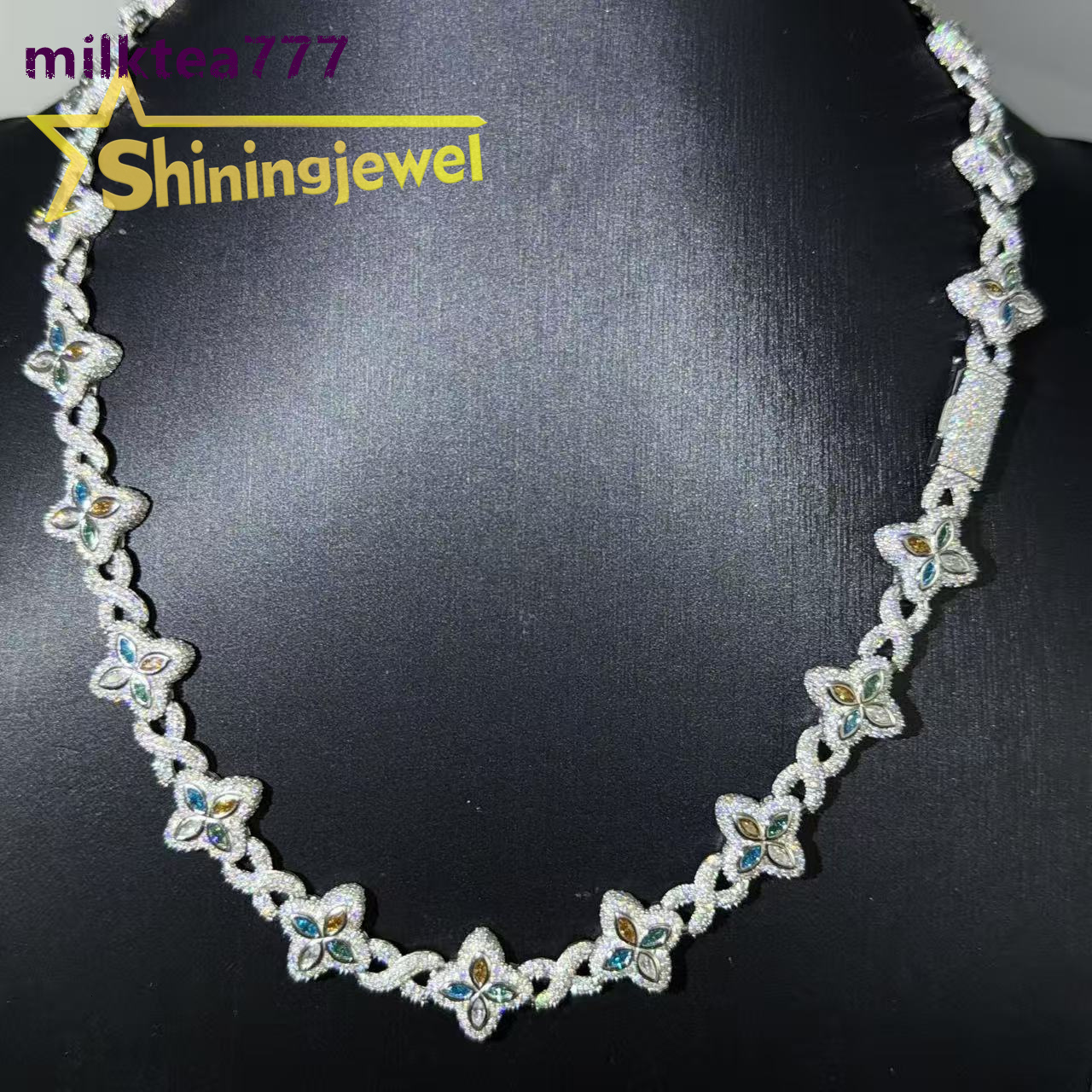 925 Silver 15mm Four Color Marquise Moissanite Cuban Chain Hot Sale Diamond Cuban Link Iced Out Jewelry