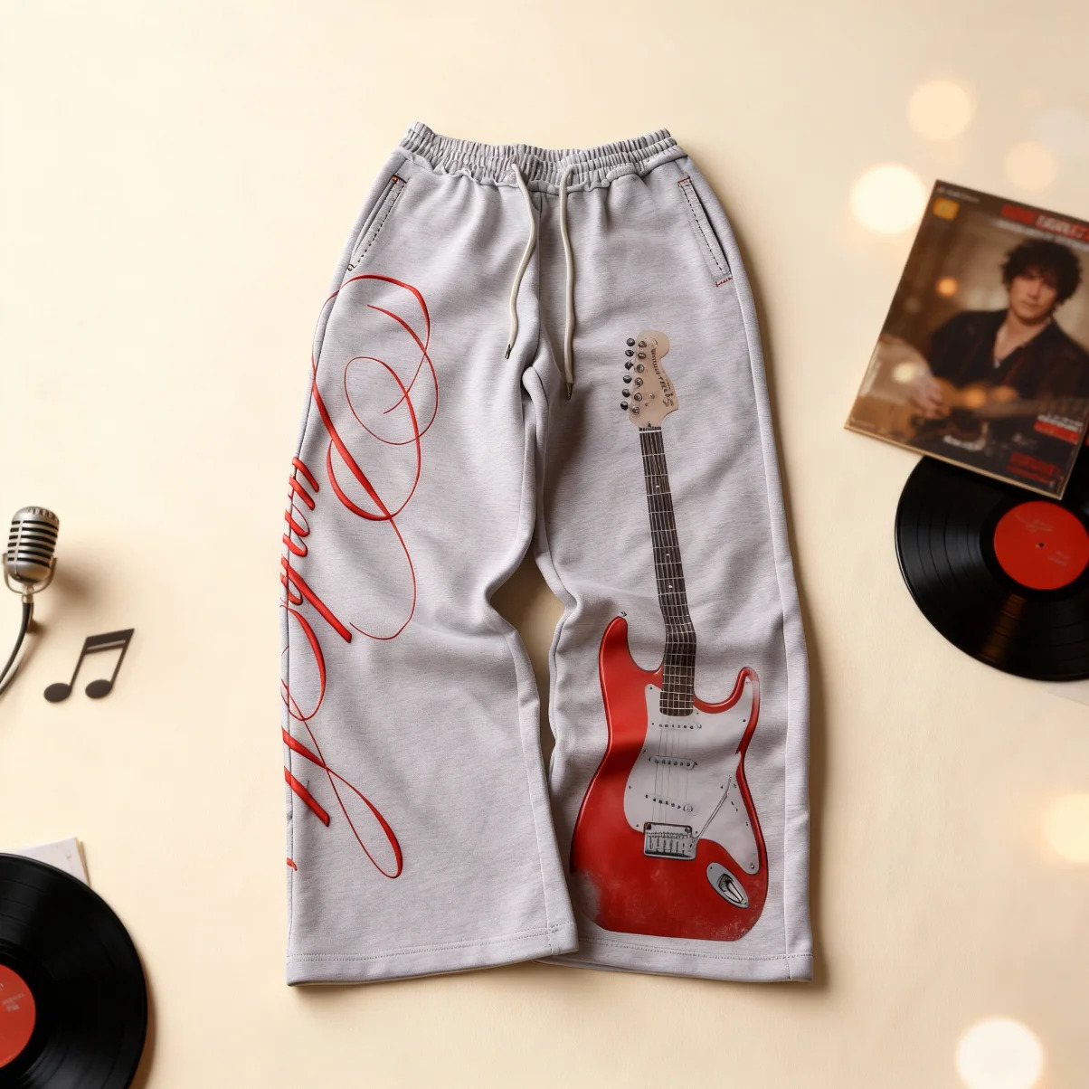 Y2K Trendy Rétro Guitare Électrique Imprimer Pantalons De Survêtement Hommes Femmes Gris Surdimensionné Lâche Pantalon De Jogging Street Rock Sur