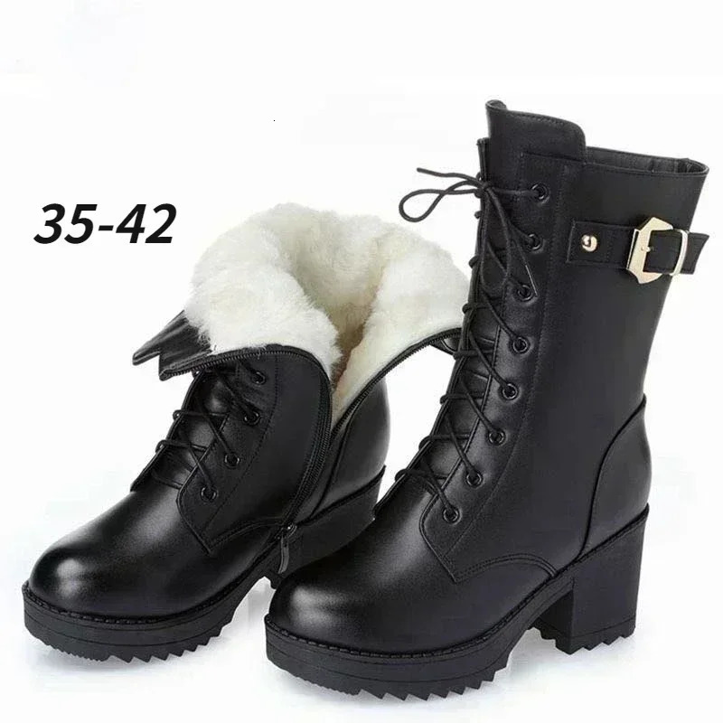 2025 Winter Leather Women Winter Boots Thick Wool Warm Women High-heeled Genuine Boot High-quality Female Snow Boots Women Shoes 251204
