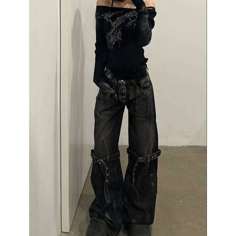 Jeans da donna neri Pantaloni moda dritti Hip Hop a vita alta Streetwear Harajuku Y2K Star Pantaloni in denim a gamba larga femminile di lusso