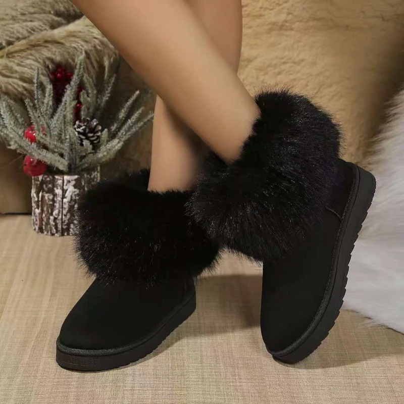 Tête ronde d'hiver plate avec bottes de neige antidérapantes chaudes et confortables bottes en coton en laine à tube court à fond Muffin en daim