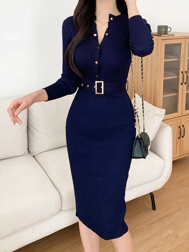 Elegant Sexy Single Breasted Stand Collar Long Sleeve Bodycon Dress Solid Color Stretch Knit Tight Slim Autumn Winter Dresss 251201