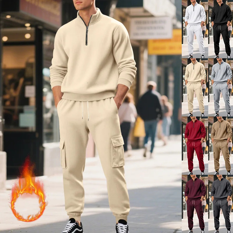 Autumn and winter American mens clothing casual suit velvet stand-up collar zipper long-sleeved sweater suit men 251203
