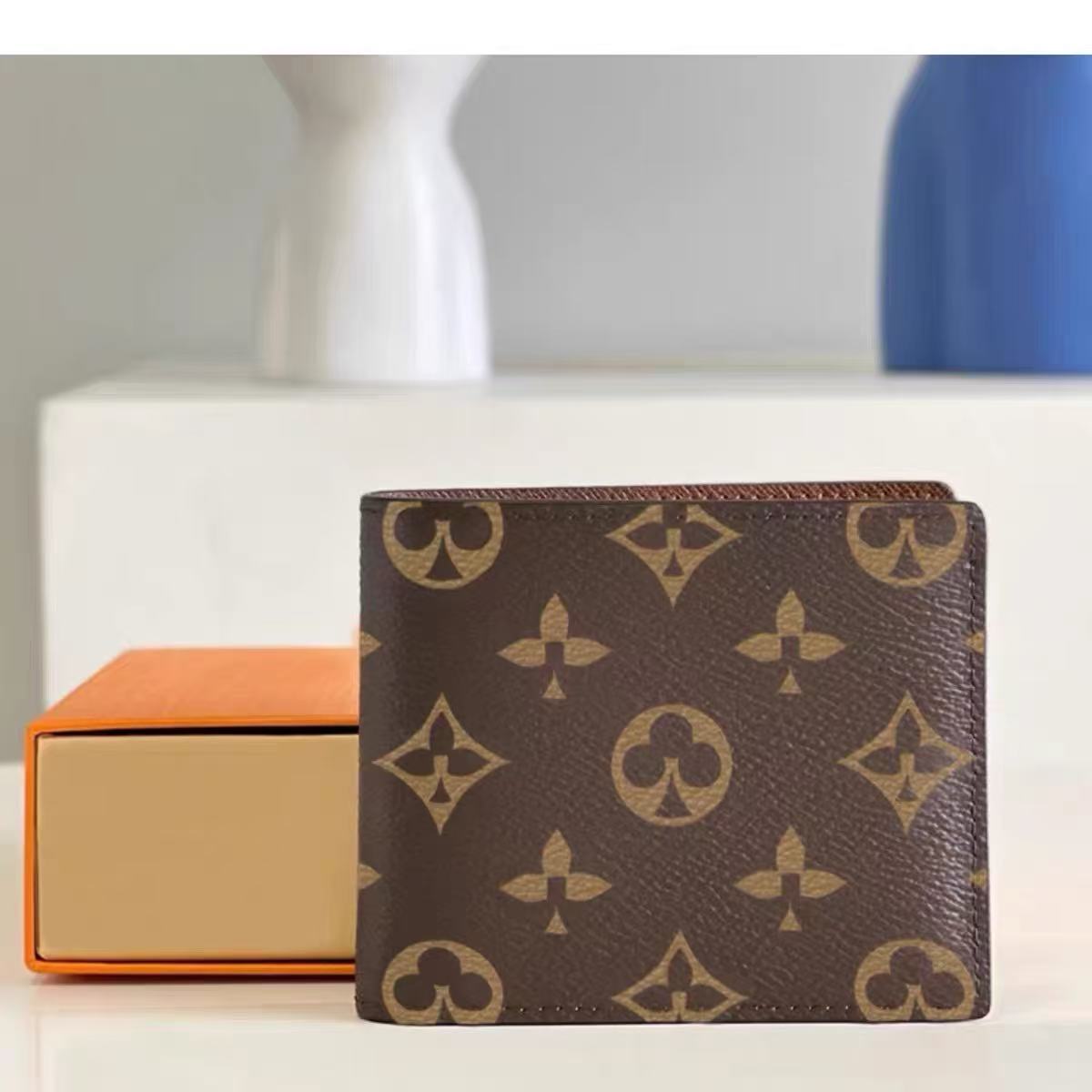 Soft Leather Designer Men's Wallet, Flower Card Holder Women's Fashionable Check Style Wallet, Men's Clutch Wallet, Luxurious Men