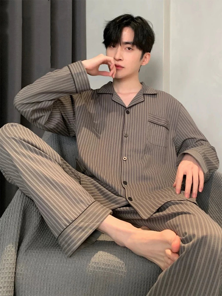 Pajamas Spring and Autumn Mens Long-Sleeved Trousers Cardigan Loose Lapel Large Size Home Clothes Spring Suit 251205