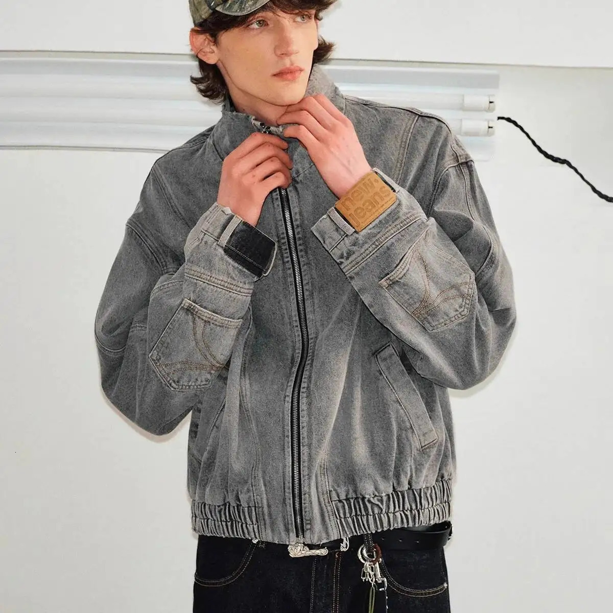 Man Denim Jacket American Deconstructive Washed Stand Up Collar For Mens Spring And Autumn Loose Casual 251129