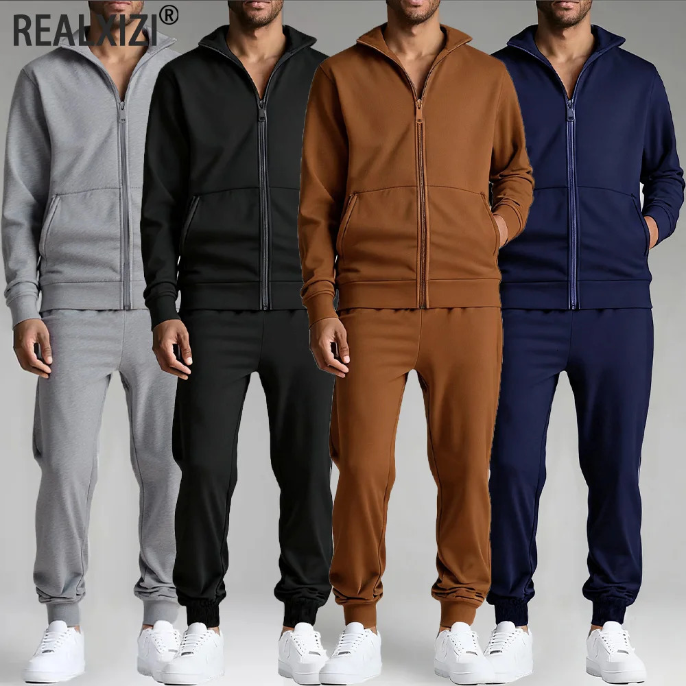 Automne et hiver vêtements de sport pour hommes couleur unie décontracté veste de poche à glissière et pantalon à cordon vêtements de sport pour