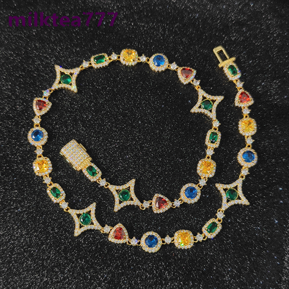 NUOYA Nouvelle Arrivée Chaîne De Pierres Précieuses Colorées pour Femmes Plaqué Or 18 Carats Couleur moissanite Géométrie Motif Lien Collier Hip