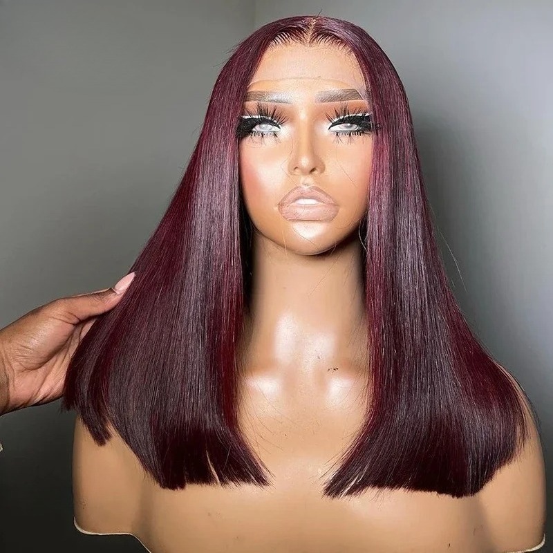 Perruque bordeaux foncé courte Bob perruques de cheveux humains droites 13X4 13X6 HD perruque frontale en dentelle sans colle cheveux brésiliens