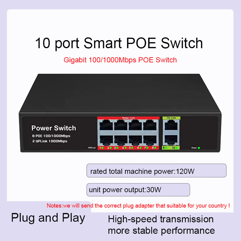 10 Ports POE Switch, 8 POE Ports +2 Uplink Etherne Ports 10/100/1000Mbps IEEE802.3af 120W Max 250M Smart POE Switch For POE Camera-image-1087566904