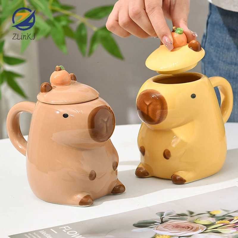 1pc 3D Cartoon Capybara Couple Cup With Handle And Lid Mug Ceramic Coffee Mug M251206-image-1087462757