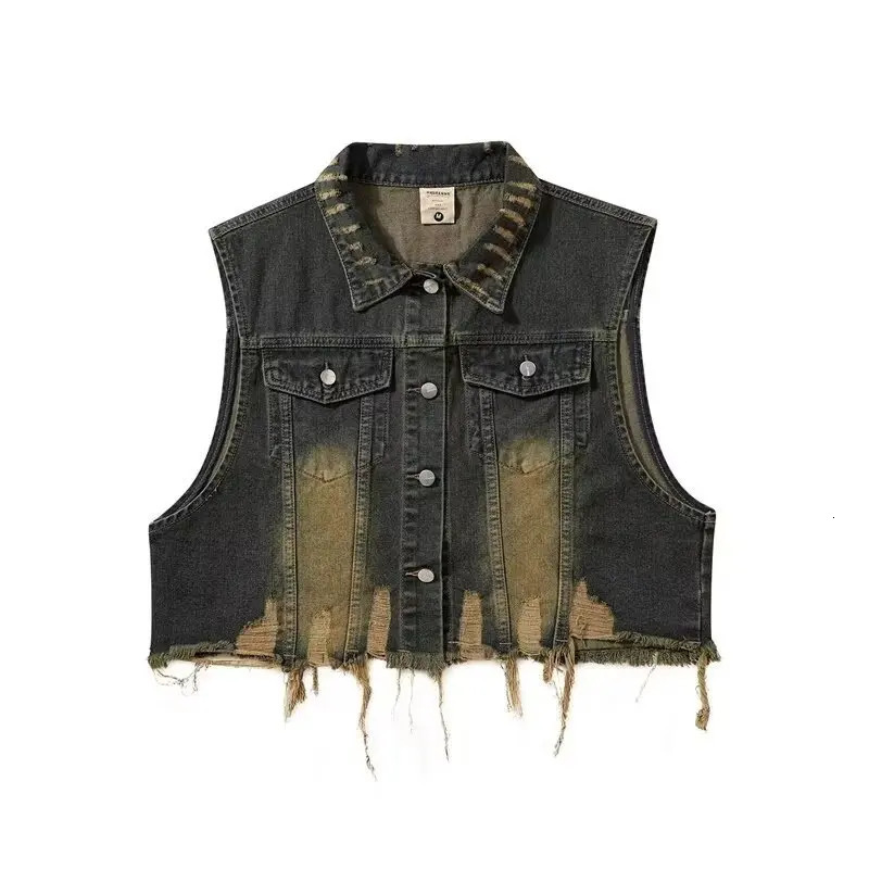 Rétro lavé Style de rue américain vêtements de travail Denim gilet hommes femmes sans manches haute couture courte longueur bouton jusqu'à 251129