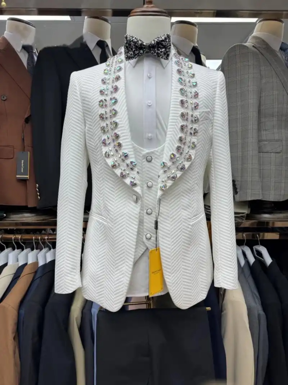 Luxury Men Suits 2 Pieces Blazer Pant Rhinestone Bead Crystal Evening Party Wedding Tuxedos Customized trajes de hombre