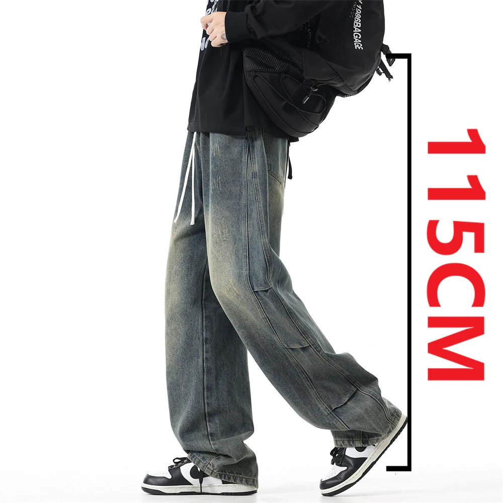 190cm Tall Straightleg Pants Mens long Version Wide Legs Autumn Winter American Style Vintage Wash Water Jeans 251129