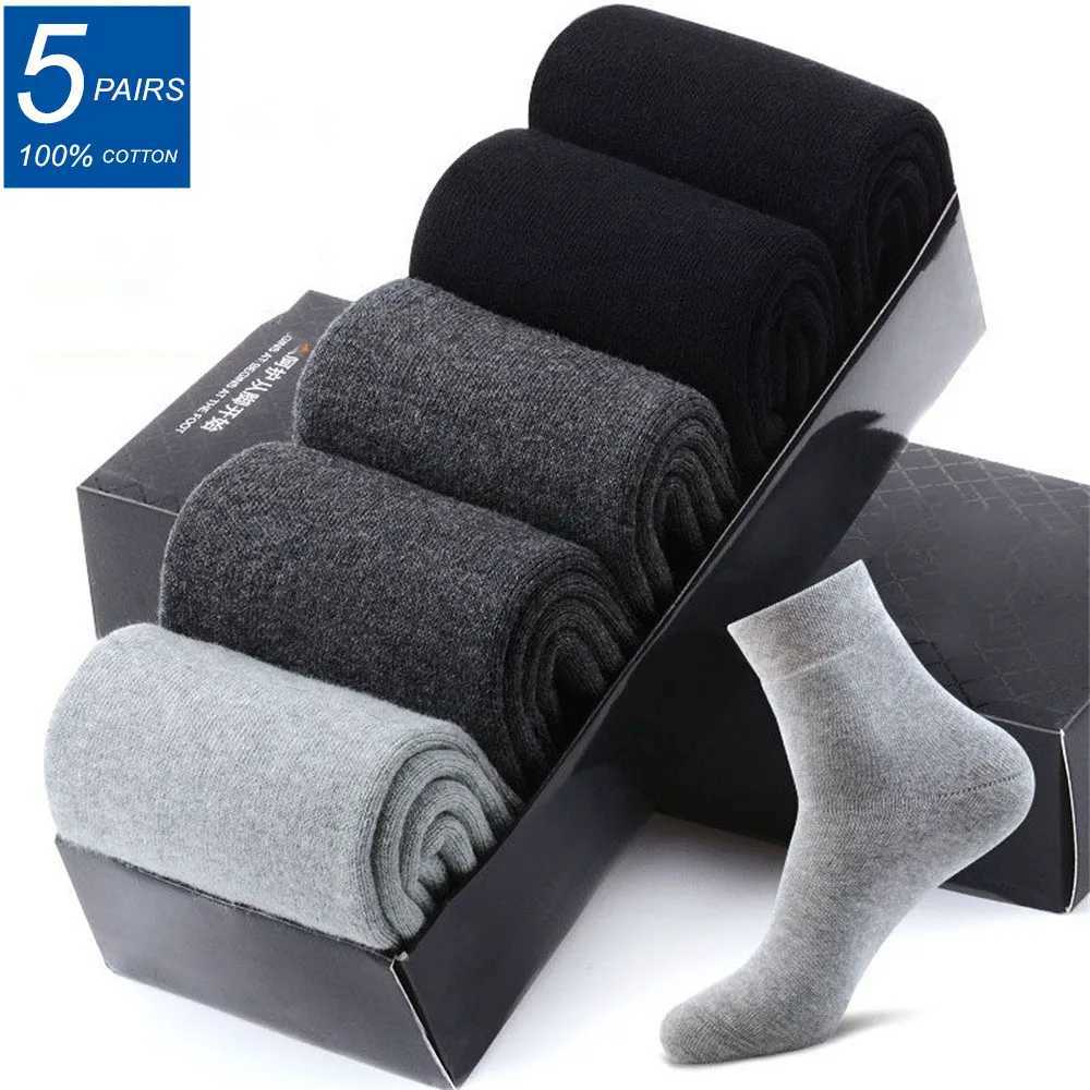 5 paires/lot chaussettes d'affaires pour hommes longues coton peigné automne hiver chaud couleur unie mi Tube mâle chaussettes formelles grande t