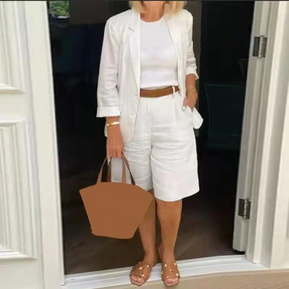 Cotton Linen Temperament Shorts Women Suit 2 Piece Set Elastic Waist Thin Female Shorts Summer Outfit conjuntos femininos blazer 251204