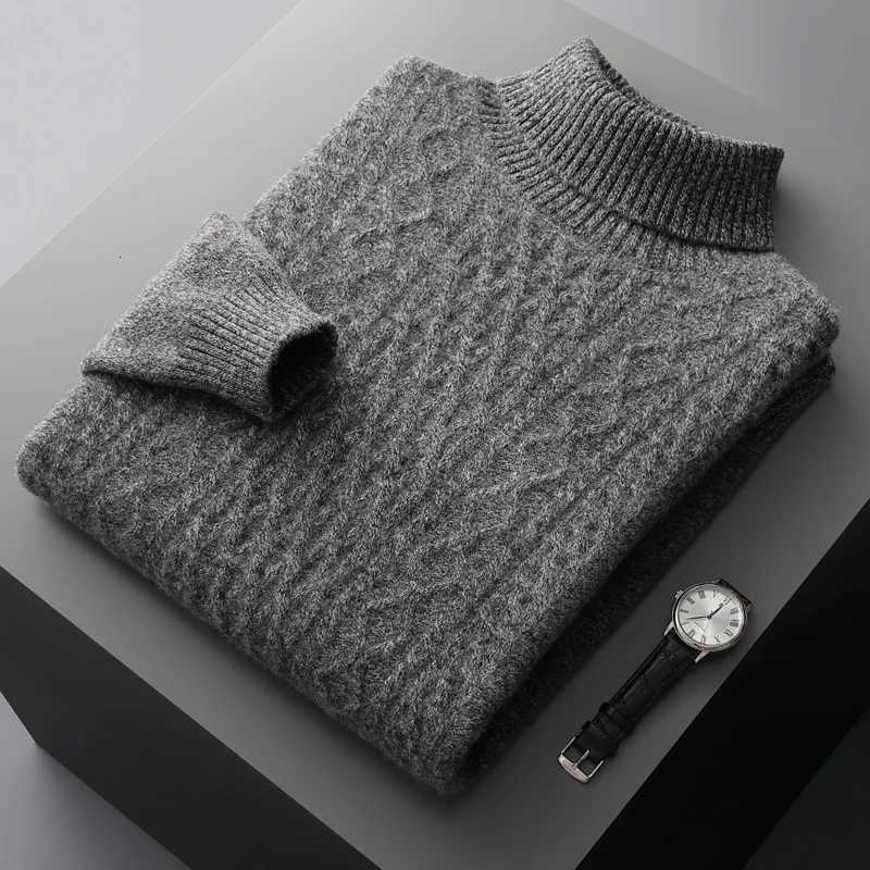 100 Merino Wool Thicken Sweater Winter Mens High Lapel Jacquard Knit Pullover Fashion Warm Large Size Tops Cashmere Base Shirt M251206