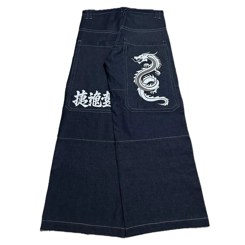Dragon blanc impression graphique artistique Kanji lâche décontracté jambe large jean Y2K Vintage hommes femmes tendance mode Streetwear 251204