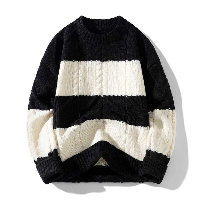 Pull ample à col rond en tricot torsadé de couleur contrastée rétro pour hommes automne et hiver tricots texturés rétro pull ample à col rond hau