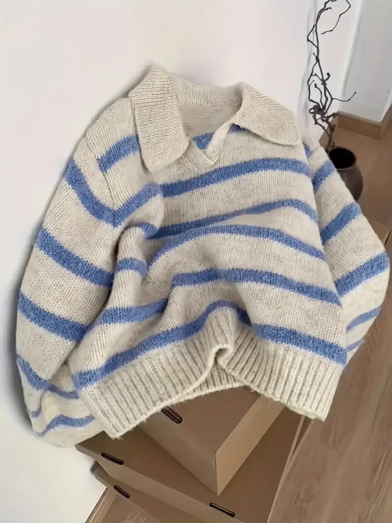 Womens Fashion Casual POLO Collar Striped Knitted Hoodie Soft and Comfortable Intercolor Sweater 251205